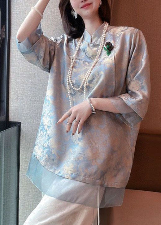 Original Design Hellblau Tüll Patchwork Jacquard Seide Shirts Halbe Hülse