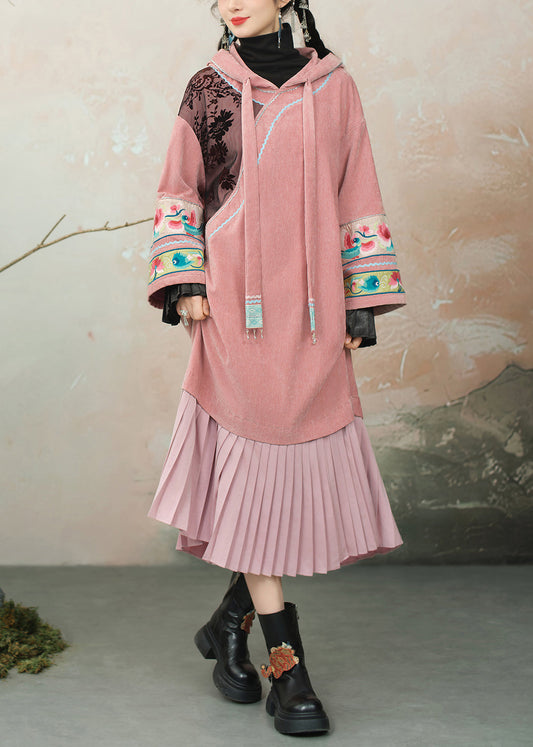 Original Design Pink Hooded Embroidered Patchwork Chenille Dresses Spring