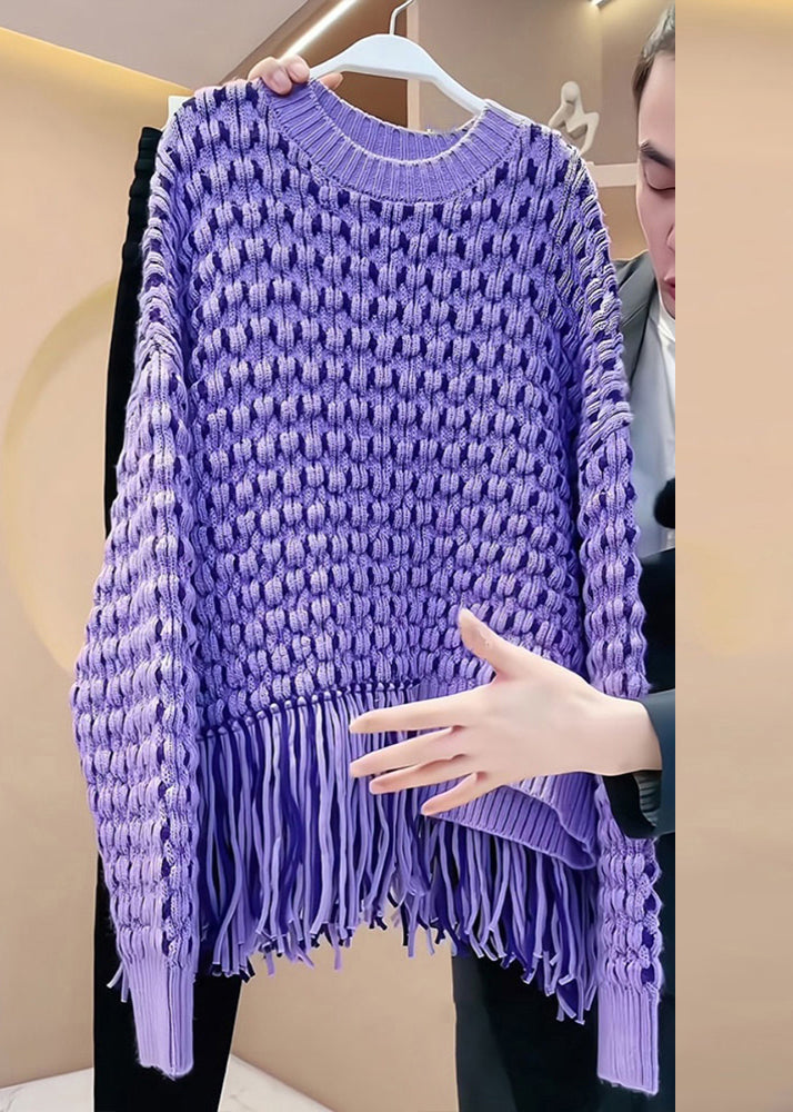 Suéter de punto de algodón acogedor con diseño original de borlas moradas y patchwork calado para primavera