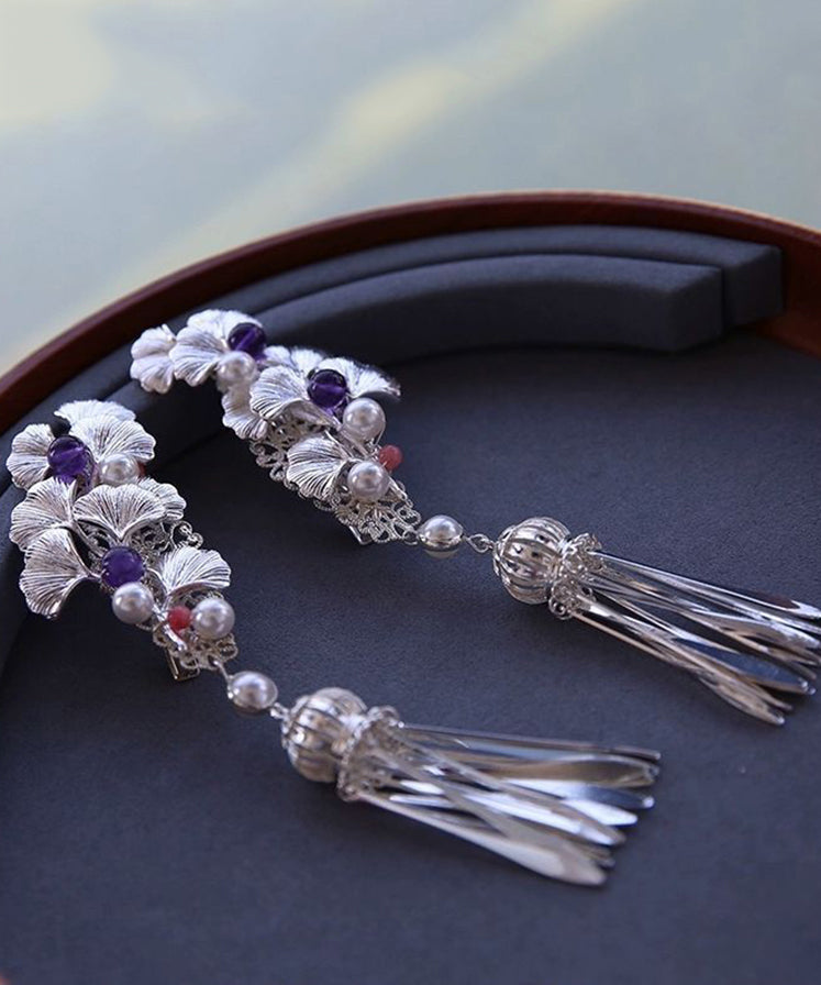 Original Design Seiden-Haarnadel aus Sterlingsilber mit Ginkgo-Quaste