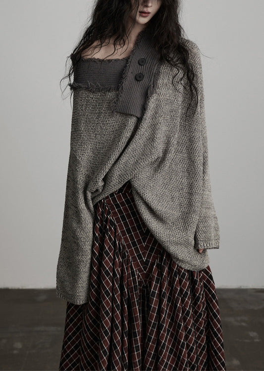 Suéter de punto gris claro con cuello grande irregular de invierno de diseño original