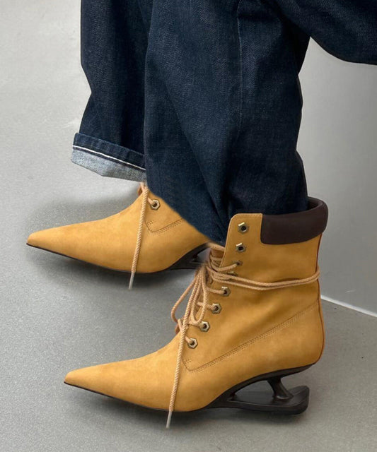 Original Design Yellow Pointed Toe Lace Up Faux Leather Wedge Boots