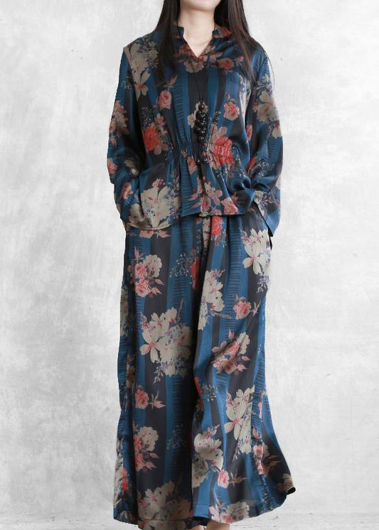 Original Elegant Silk Blue Print Set Loose V-Neck Top + Casual Wide Leg Pants - SooLinen