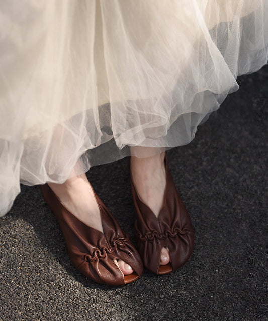 Original Handmade Apricot Cowhide Leather Pleated Fish Mouth Sandals