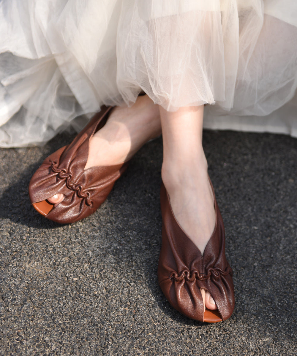 Original Handmade Apricot Cowhide Leather Pleated Fish Mouth Sandals