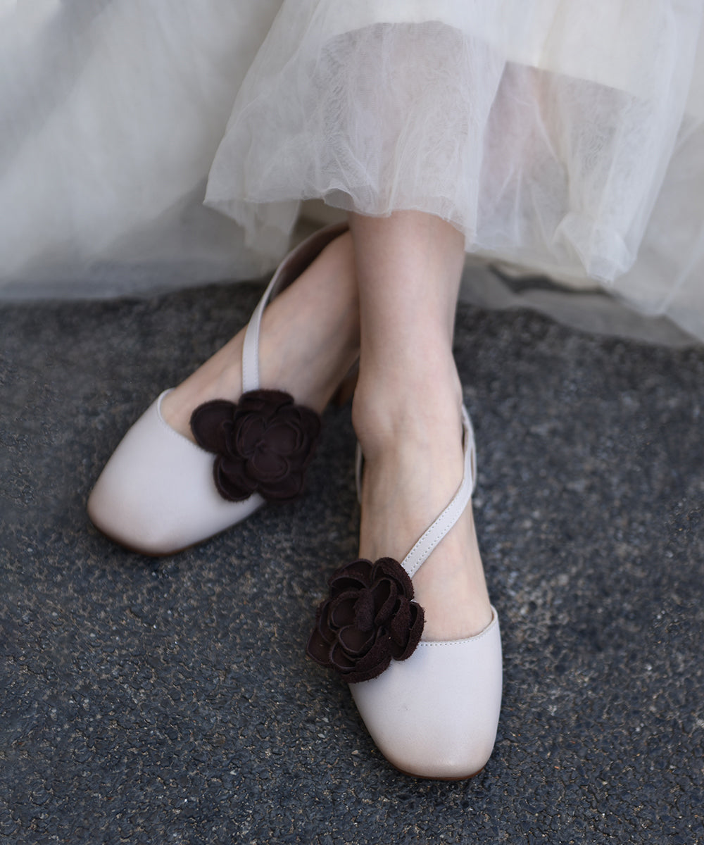 Original Handmade Beige Flower Cowhide Leather Flat Sandals