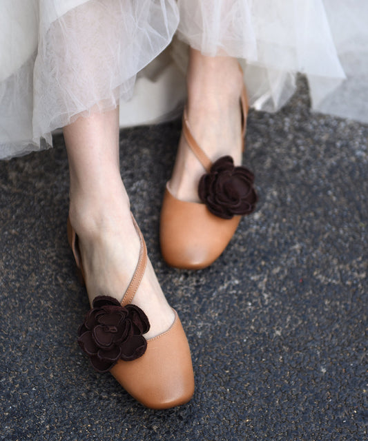 Original Handmade Beige Flower Cowhide Leather Flat Sandals