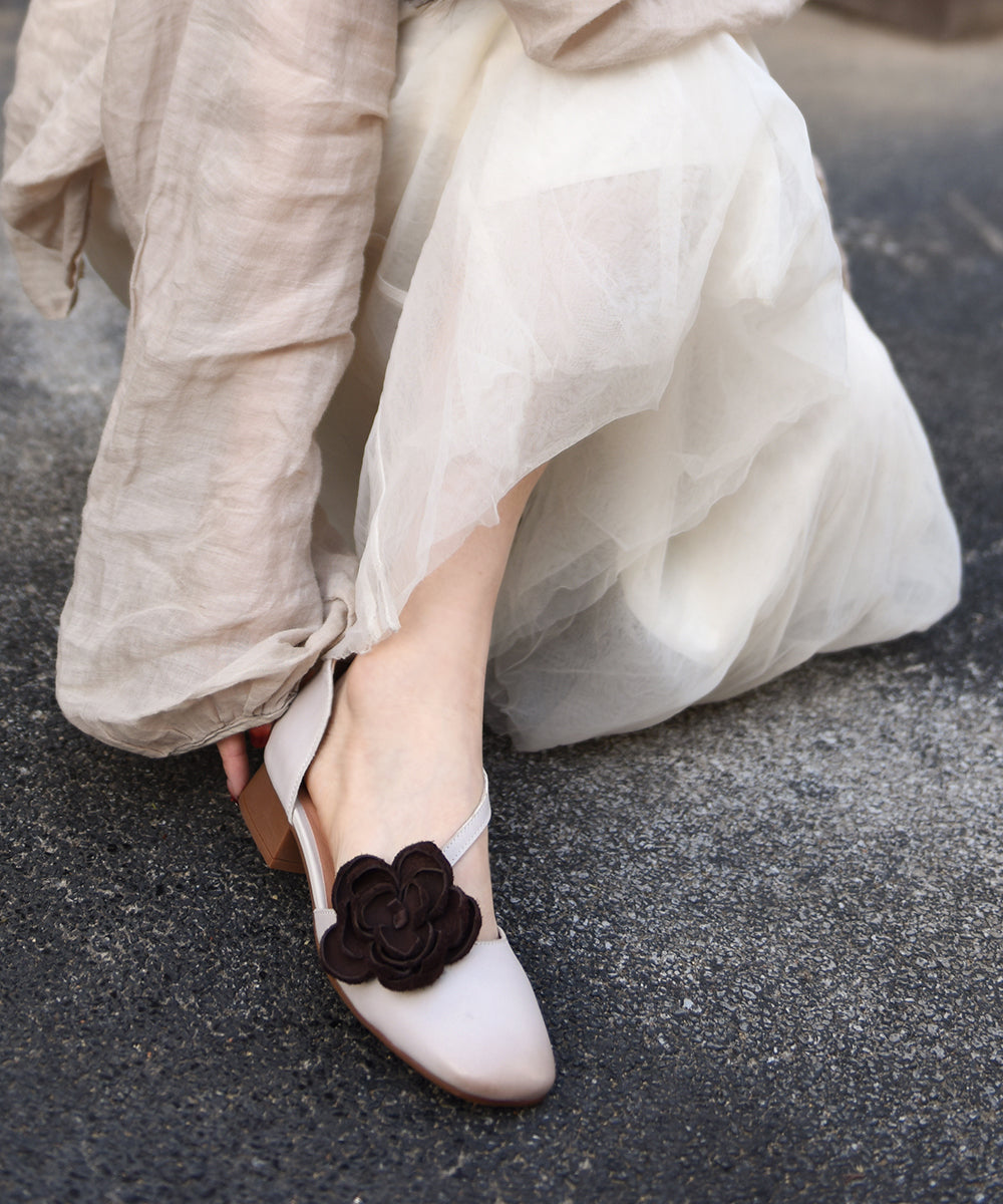 Original Handmade Beige Flower Cowhide Leather Flat Sandals