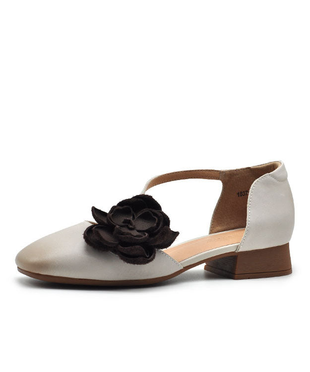 Original Handmade Beige Flower Cowhide Leather Flat Sandals