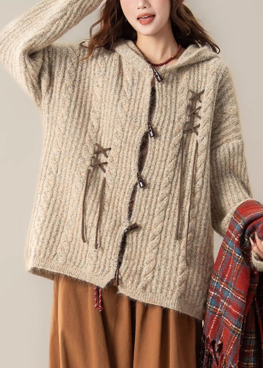 Original Khaki Hooded Button Cozy Knit Coat Spring