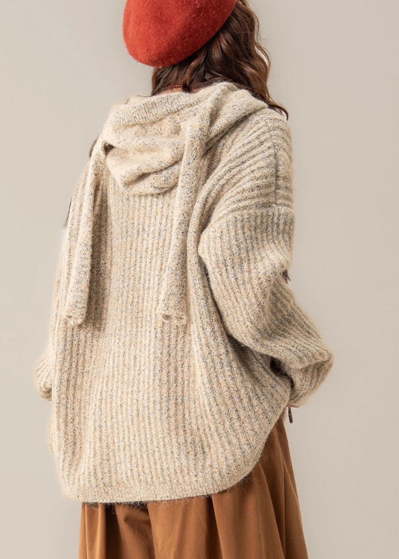 Original Khaki Hooded Button Cozy Knit Coat Spring