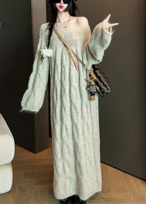 Original Khaki O Neck Hollow Out Solid Knit Sweater Dress