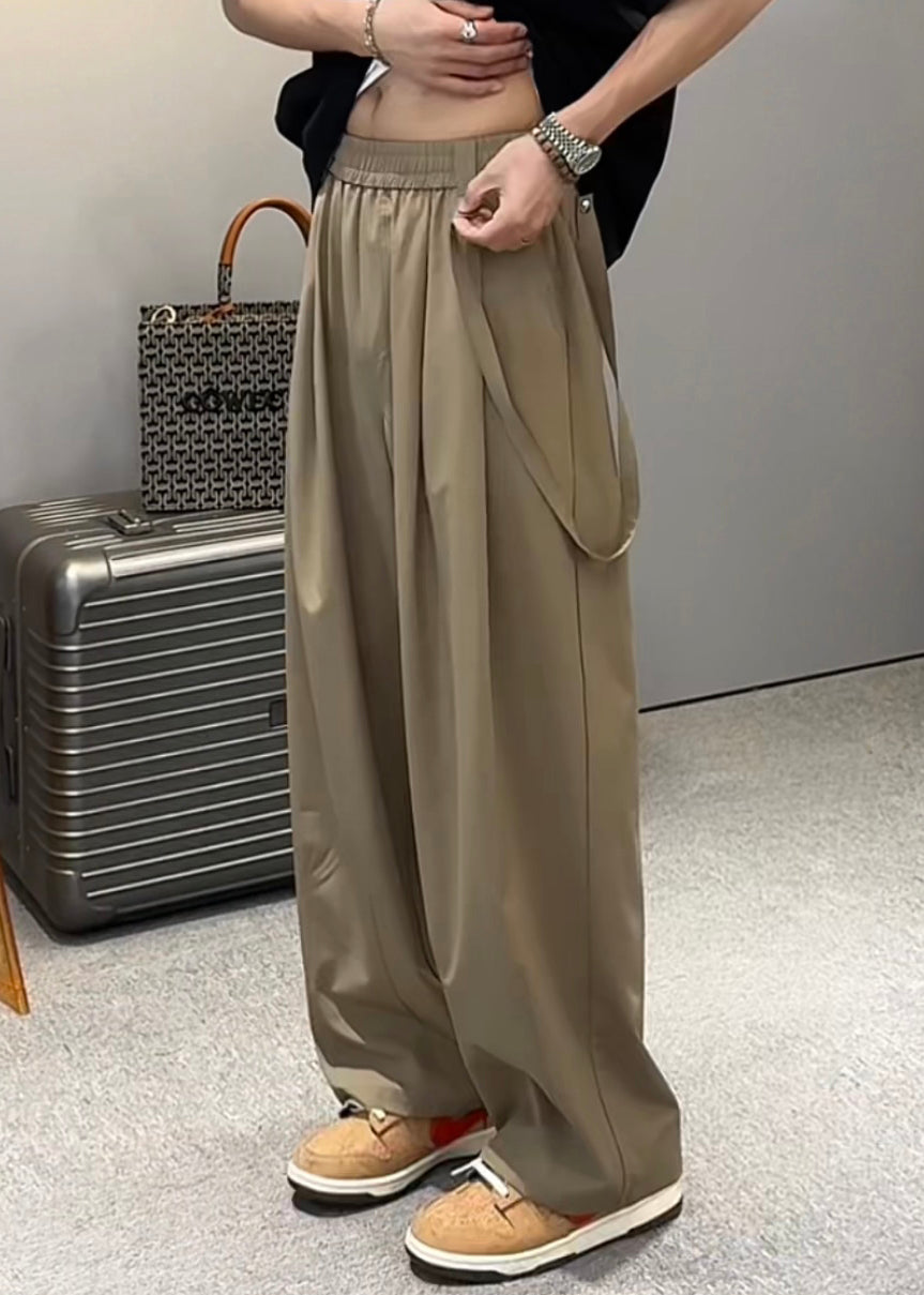 Original Khaki Pockets Elastic Waist Ice Silk Men Wide Leg Pants Summer