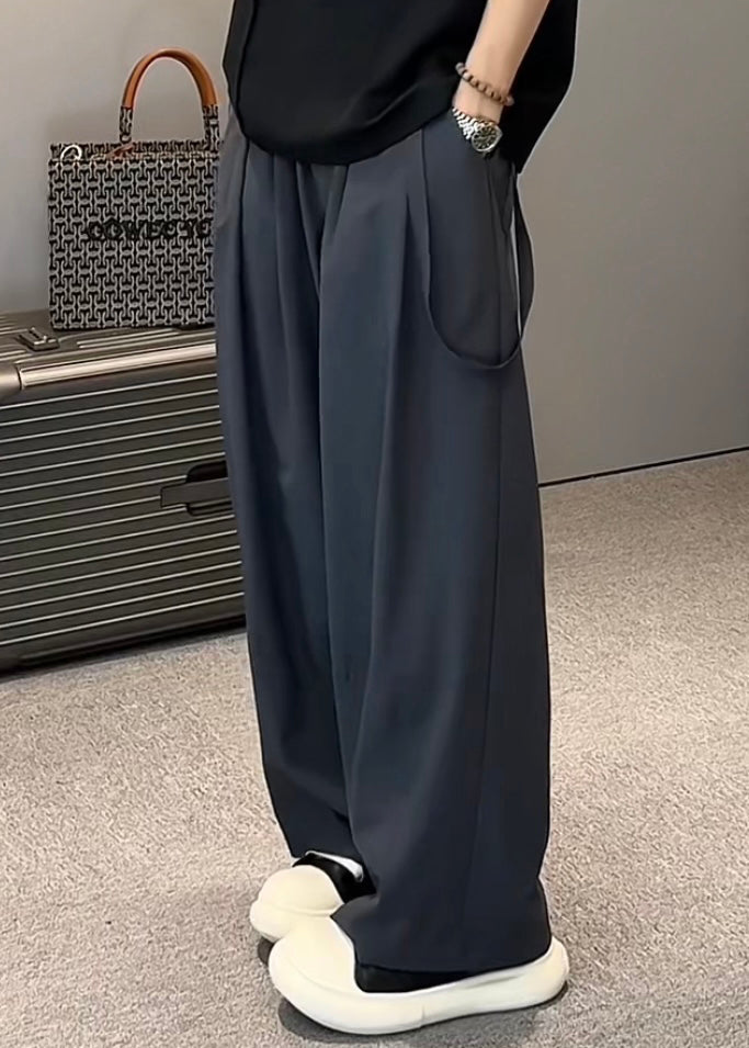 Original Khaki Pockets Elastic Waist Ice Silk Men Wide Leg Pants Summer