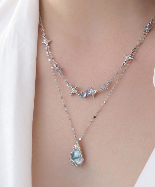 Original Light Blue Copper Alloy Gem Stone Water Droplet Pendant Necklace
