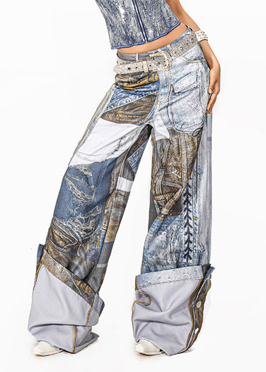 Original Light Blue Print Patch Wide Leg Pants Summer