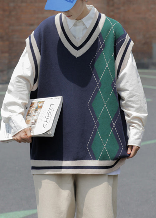 Original Navy V Neck Plaid Patchwork Knit Men Vest Sleeveless