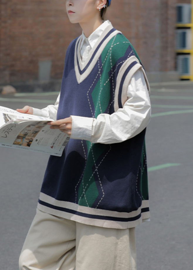 Original Navy V Neck Plaid Patchwork Knit Men Vest Sleeveless