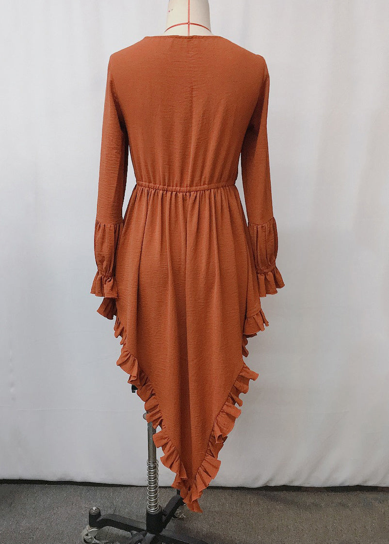 Original Orange Ruffled Low High Design Cotton Dress Spring