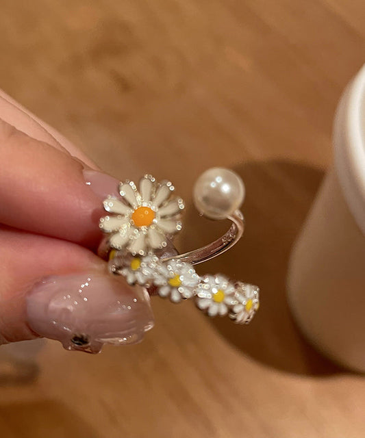 Original White Copper Glaze Floral Pearl Open Rings Two Piece Set