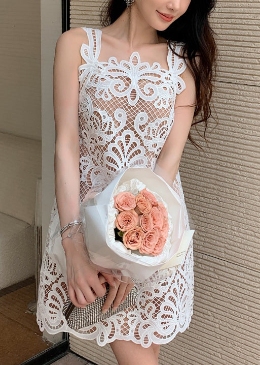 Original White Hollow Out Lace Mid Dress Sleeveless