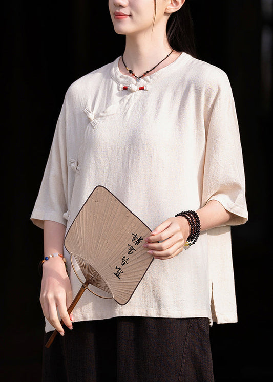 Original weißes Stehkragen-Baumwollhemd mit chinesischen Knöpfen, halbe Ärmel