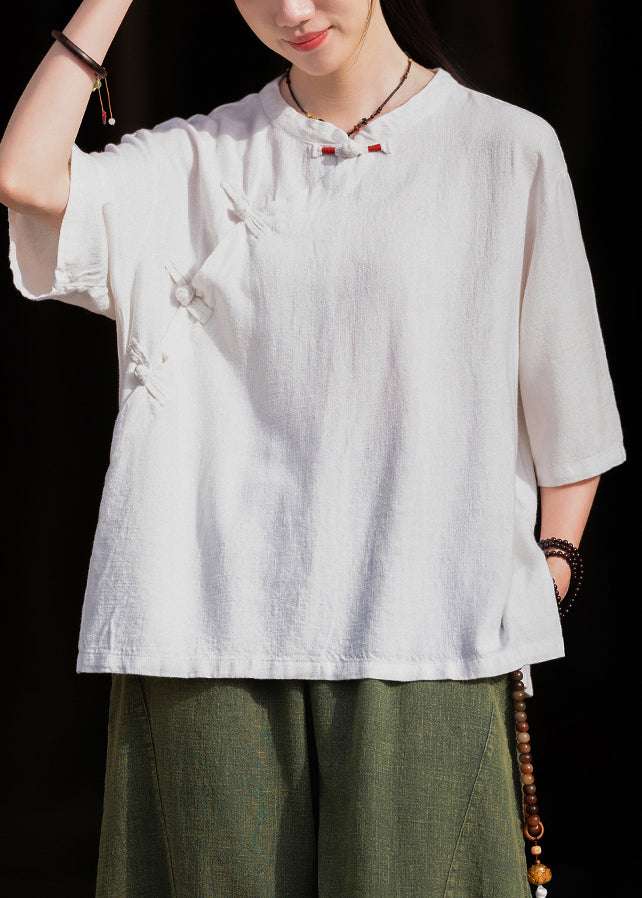 Original weißes Stehkragen-Baumwollhemd mit chinesischen Knöpfen, halbe Ärmel