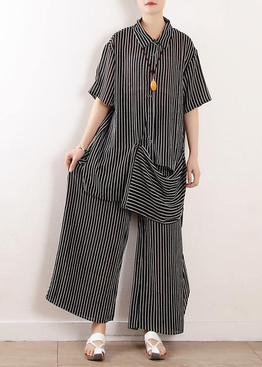 Original literary loose large size gray stripes were thin and irregular chiffon wide-leg pants two-piece suit - SooLinen