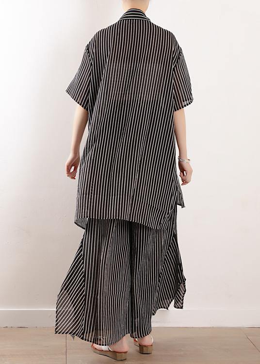 Original literary loose large size gray stripes were thin and irregular chiffon wide-leg pants two-piece suit - SooLinen