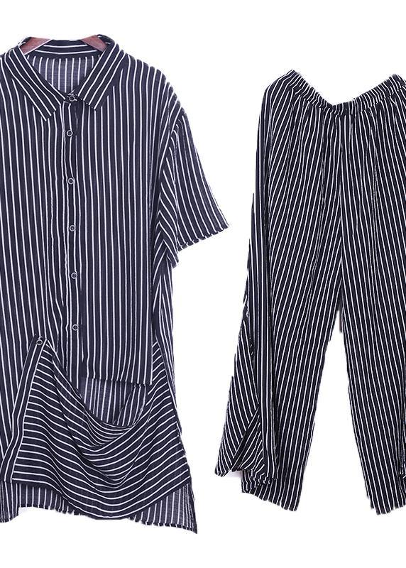 Original literary loose large size gray stripes were thin and irregular chiffon wide-leg pants two-piece suit - SooLinen