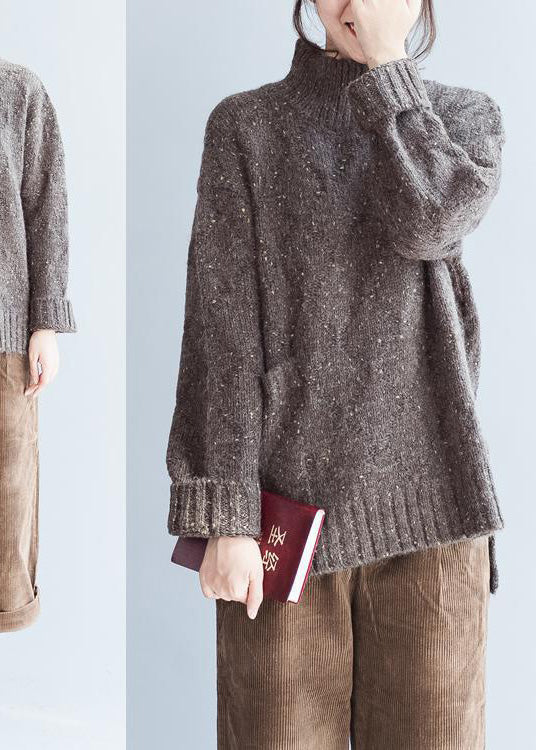 Übergroße Schokoladenstrickpullover für Damen mit hohem Halsausschnitt, warme Winter-Strickoberteile