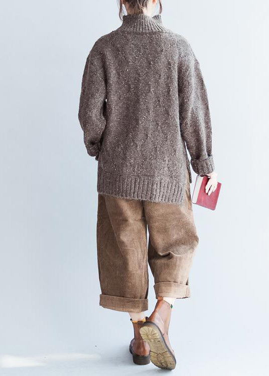 Übergroße Schokoladenstrickpullover für Damen mit hohem Halsausschnitt, warme Winter-Strickoberteile