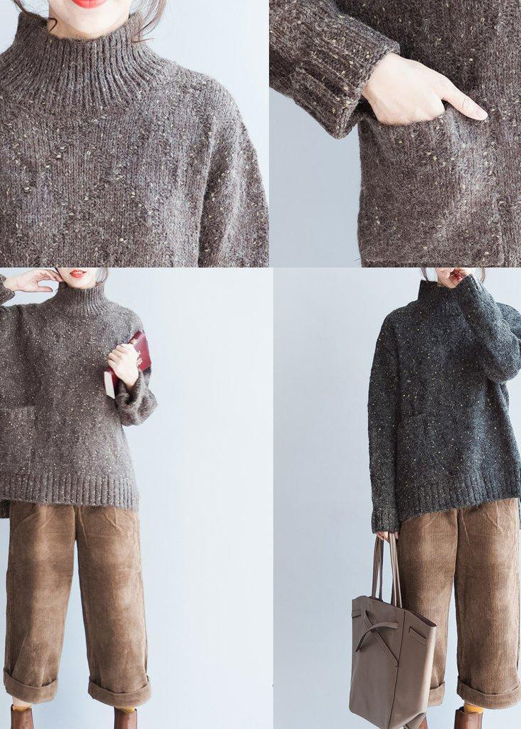 Übergroße Schokoladenstrickpullover für Damen mit hohem Halsausschnitt, warme Winter-Strickoberteile