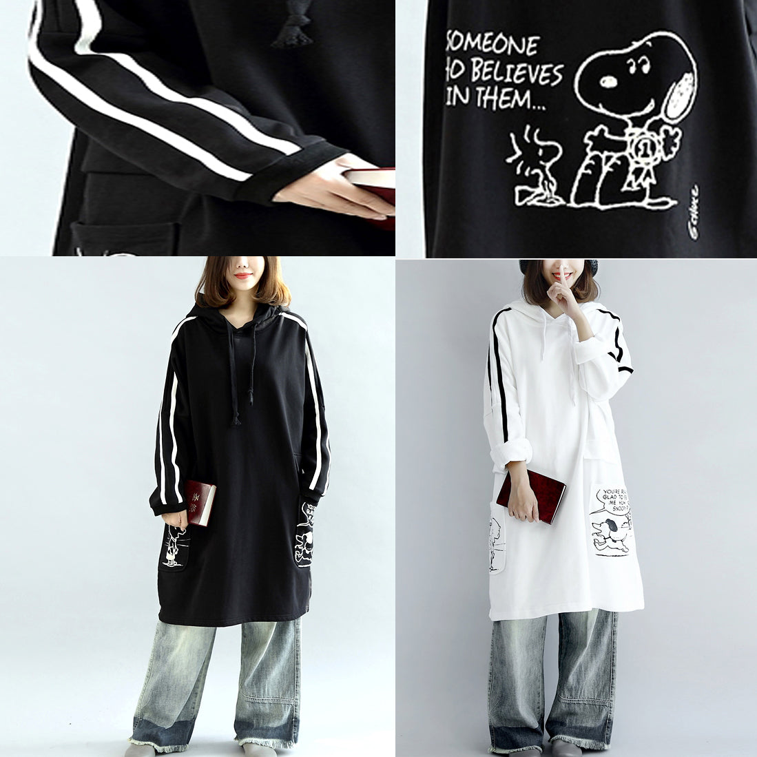 Übergroße schwarze Hoodies Baumwollmäntel warme Pullover Winterkleider in Übergröße