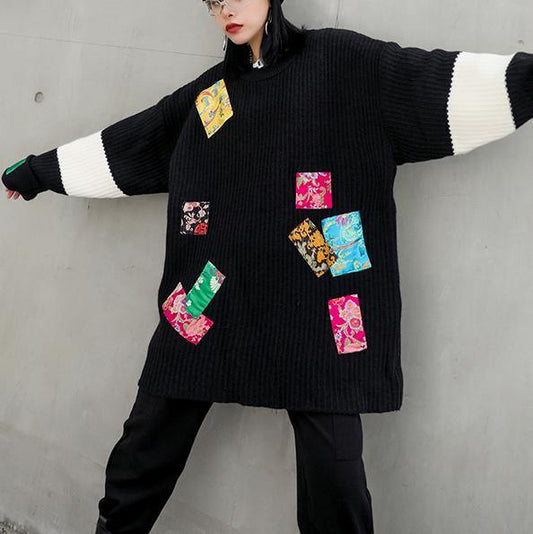 Oversized black knitted pullover o neck patchwork oversized knitted blouse - SooLinen