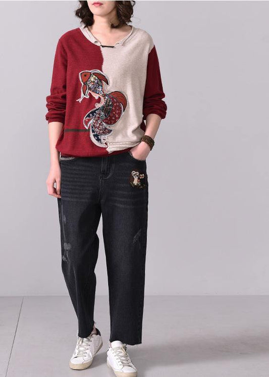 Oversized fall Appliques knitted blouse casual o neck knitted tops red patchwork beige - SooLinen
