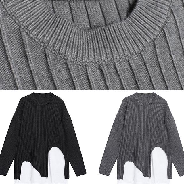 Oversized gray knit sweat tops fall fashion o neck false two pieces crane tops - SooLinen