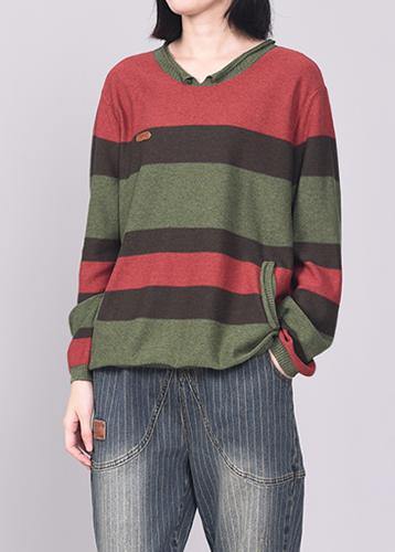 Oversized green striped knit tops plus size patchwork sweaters v neck - SooLinen