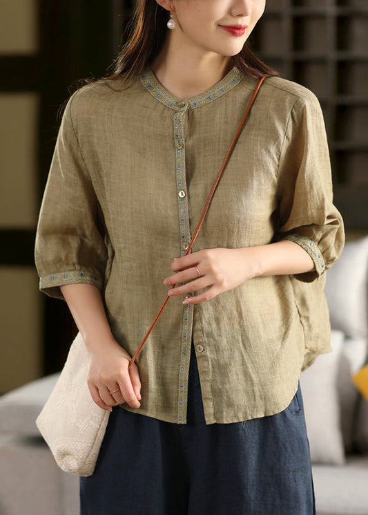 Pink Button Solid Linen Blouse Embroidered Summer