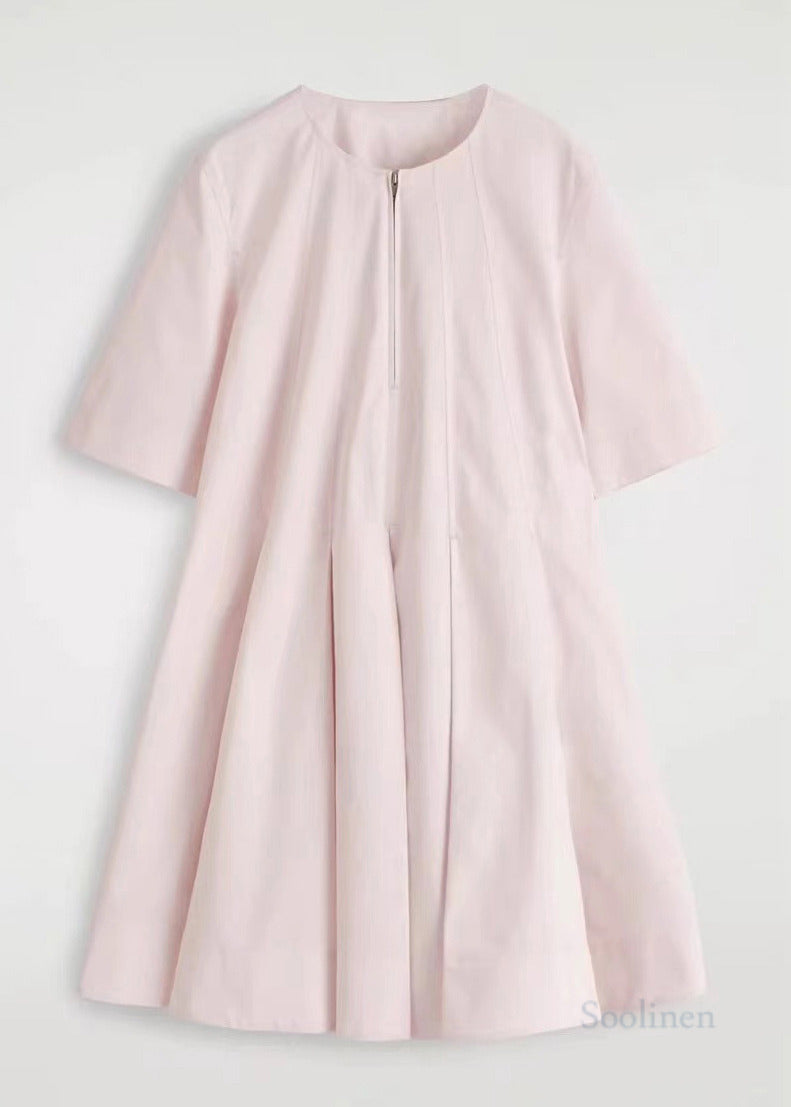 Pink Cotton Mini Dresses Zip Up Exra Large Hem Half Sleeve