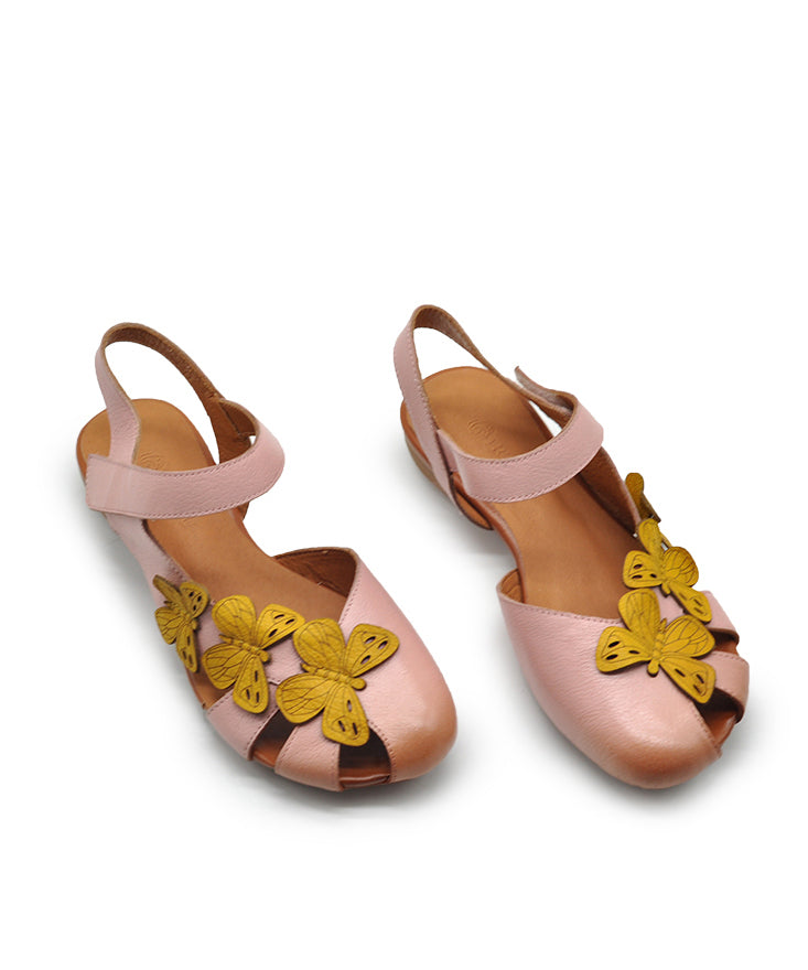 Pink Cowhide Leather Hollow Out Butterfly Splicing Walking Sandals