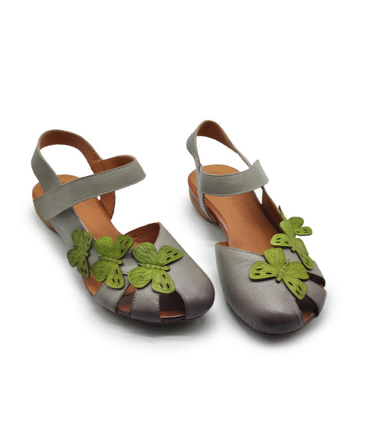 Pink Cowhide Leather Hollow Out Butterfly Splicing Walking Sandals