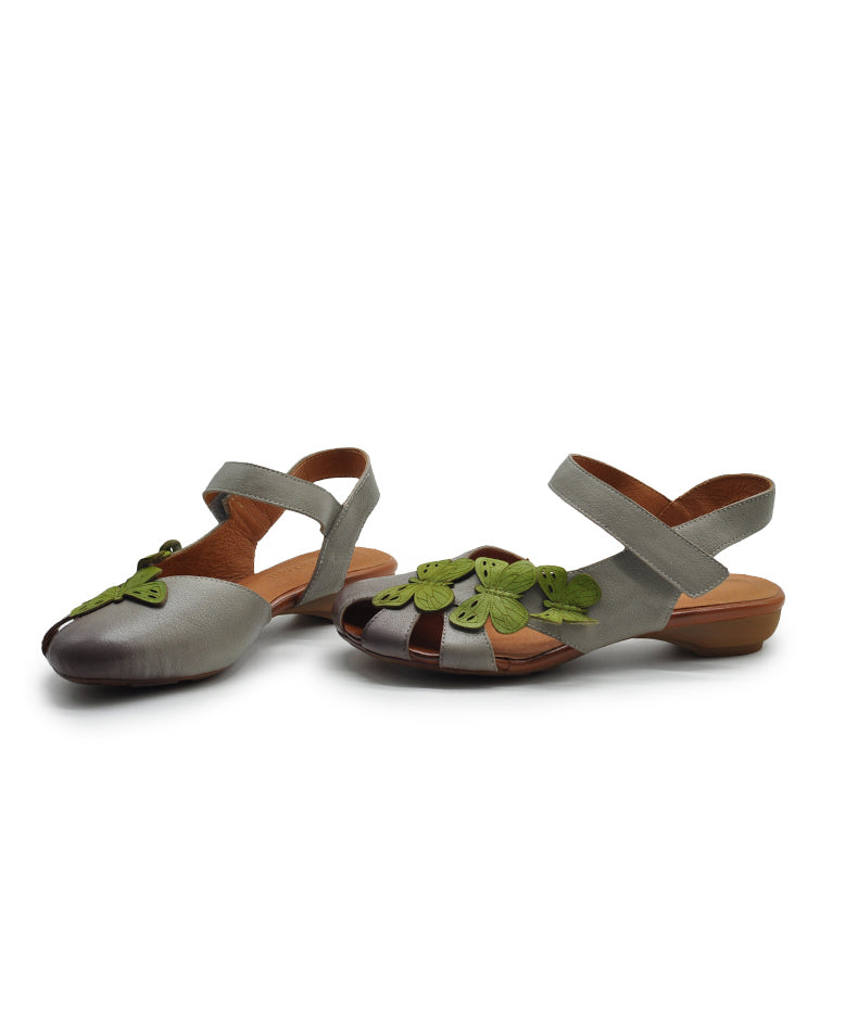 Pink Cowhide Leather Hollow Out Butterfly Splicing Walking Sandals