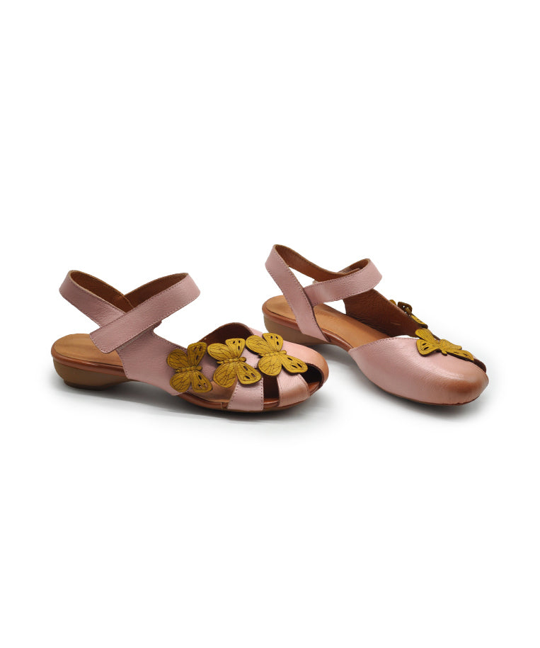 Pink Cowhide Leather Hollow Out Butterfly Splicing Walking Sandals