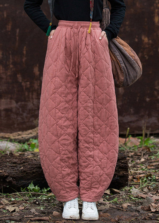 Pantalones de invierno a cuadros con cintura elástica de color rosa y relleno de algodón grueso