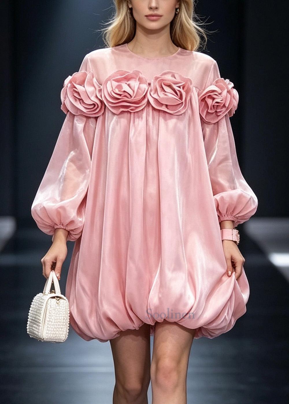 Pink Floral Silk Work Dress Oversized Summer