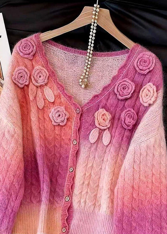 Pink Gradient Color Floral Button Knit Cardigan V Neck Fall