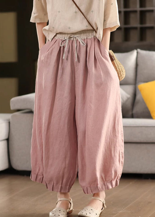 Pink Lace Up Patchwork Linen Summer Crop Pants Elastic Waist