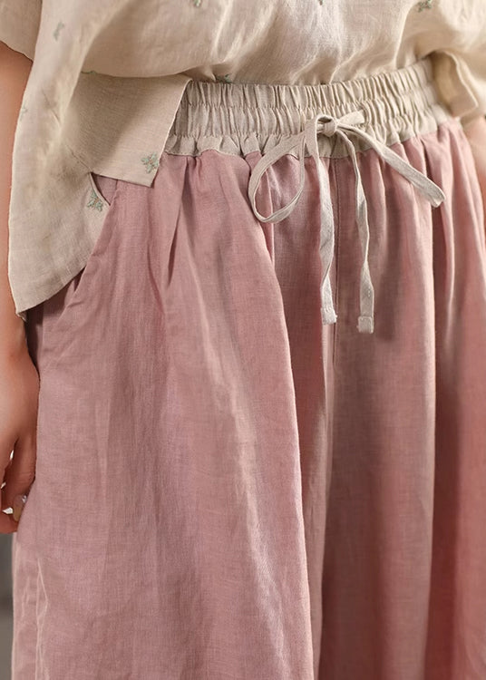 Pink Lace Up Patchwork Linen Summer Crop Pants Elastic Waist
