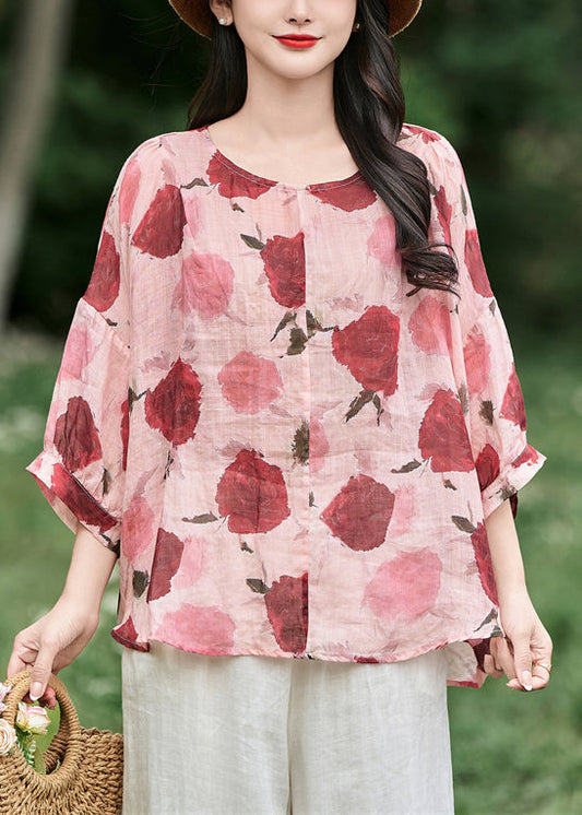 Pink Lace Up Ruffled Linen Blouses O Neck Bracelet Sleeve